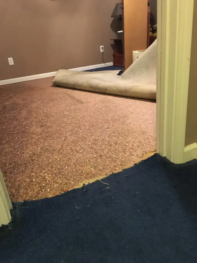 Carpet pad removal revealing water damage during Water Mitigation Services in North Haven